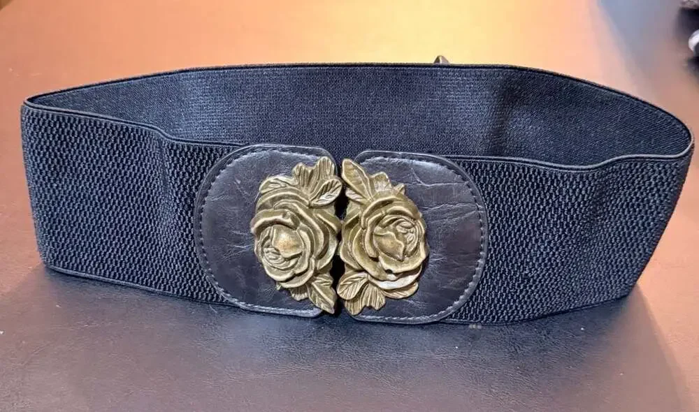 Forever 21 Women's Black Elastic Waist Belt with Vintage Rose Floral Buckle